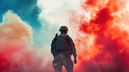 Naklejka premium Soldier standing in front of colorful smoke clouds.