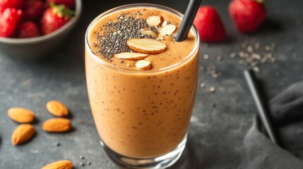 A vibrant smoothie topped with almond slices, chia seeds, and berries, highlighting the delicious addition of almonds to nutritious drinks.
