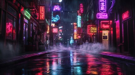 A vibrant, neon-lit alleyway in the rain, evoking a futuristic urban atmosphere.