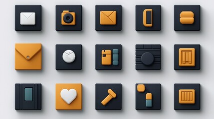 Vibrant 3D Icon Buttons Collection on White Background - Modern Digital Symbols for Web Design and Marketing