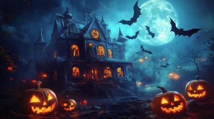 A spooky haunted house with glowing jack-o-lanterns and bats flying around a full moon.