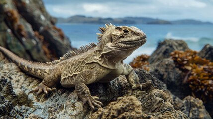 Fototapeta premium Close Up Shot of a Lizard Resting on Rock in a Coastal Landscape