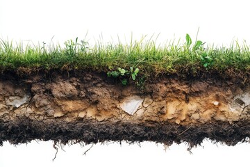 Layers of Nature - Detailed Cross-Section Illustration of Grassy Land with Soil Layers Revealed on White Background