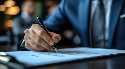 Two business-clad individuals engage at a desk, one ready to sign a document.