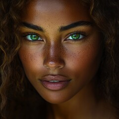 Fototapeta premium Stunning portrait of a woman with beautiful green eyes and curly hair. Her natural beauty shines through in this captivating close-up. Perfect for beauty and lifestyle projects. AI