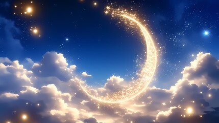 Crescent moon, glowing clouds, and glitter particles in a magical sky.