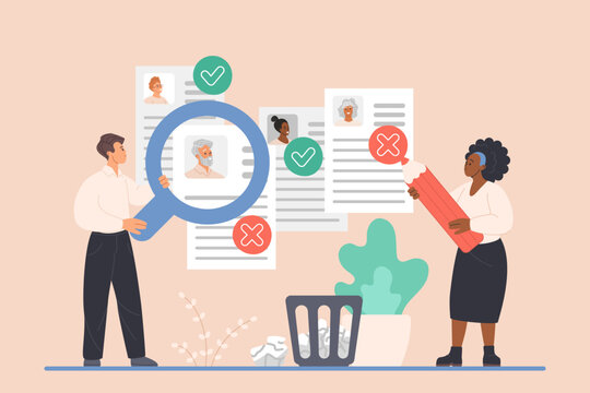 Ageism and discrimination problem of employment, unequal rights and difficulty in career for senior people. Tiny HR team employees study candidates resumes with magnifier cartoon vector illustration