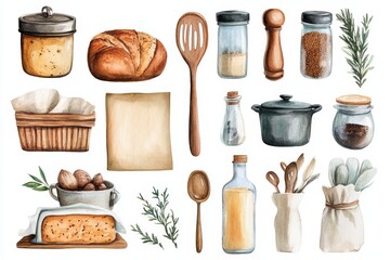 Whimsical Watercolor Sticker Set of Baking Utensils and Ingredients for Planners and Recipe Books