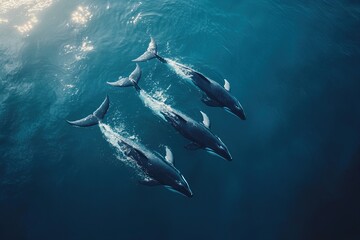 Fototapeta premium A Pod of Dolphins Swims Gracefully Through the Clear Blue Waters of the Ocean on a Sunny Day