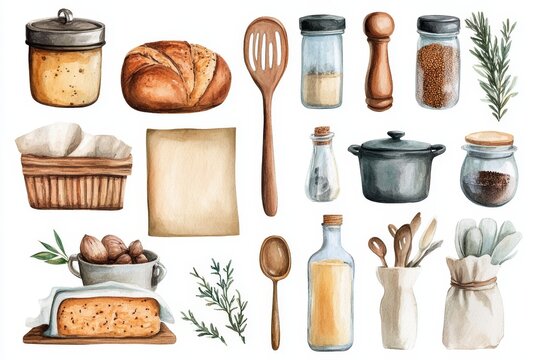 Whimsical Watercolor Sticker Set of Baking Utensils and Ingredients for Planners and Recipe Books - Powered by Adobe