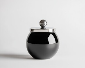 Obraz premium Elegant Black Ceramic Jar with Silver Lid on Minimalist White Background - Modern Home Decor and Design Inspiration