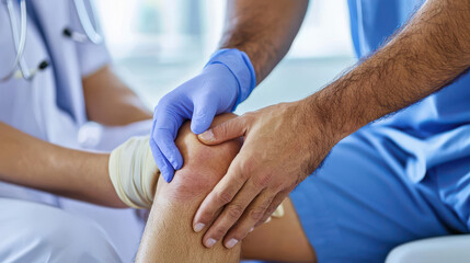 A healthcare professional examines a patient's knee, wearing gloves and providing care in a clinical setting.