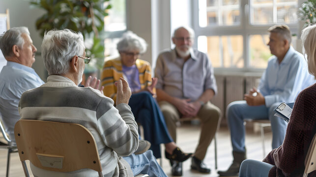 Senior people talking at group therapy meeting. Old male and female patients at nursing home discussing aging issues at training workshop. generative ai.
