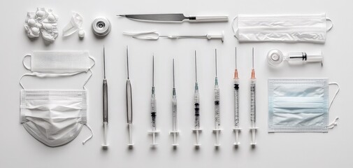Clinical Precision Symmetrical Arrangement of Medical Equipment on White Background, Focus on Syringes, Clean and Minimalist Composition for Healthcare Concepts