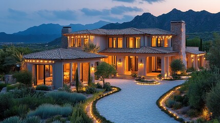 Upscale Arizona home at dusk, LED lights illuminate the driveway.
