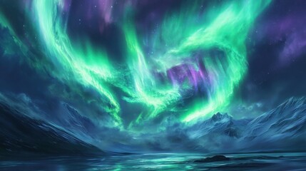 Obraz premium Green and purple aurora borealis reflected in a frozen lake.