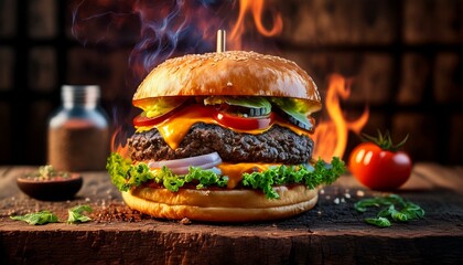 cheeseburger with meat, cheese and vegetables on a wooden background; burger; sandwich ingre