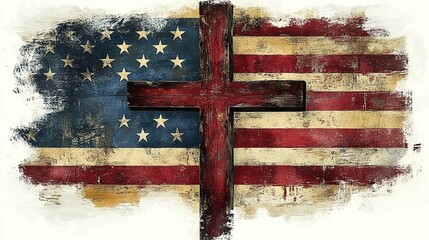 Vintage American flag cross design on white, ideal for clip art.