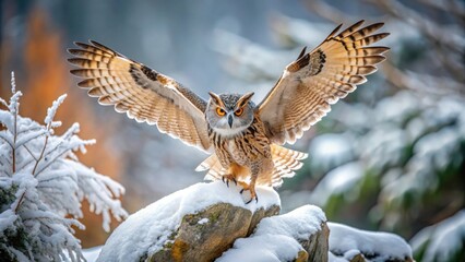 Obraz premium Siberian Eagle Owl landing gracefully on snow-covered rock in the cold winter , wildlife, owl, bird, landing, snow, rock