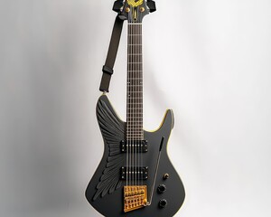 Elegant Black Electric Guitar with Gold Accents on White Background - Musical Instrument Closeup for Artistic Promotions and Product Catalogs