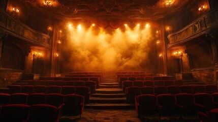 Vintage style theater room with spotlights and smoke, set for a show.
