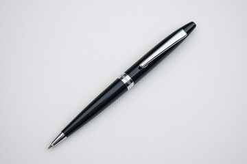 Elegant Black Pen on White Surface - Minimalist Office Stationery Concept with Polished Silver Accents and Textured Background for Professional Branding