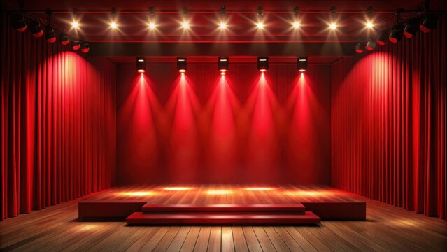 Empty stage with dramatic red lighting, ideal for theatrical performances, concerts, and dance shows, Stage