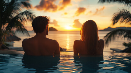 A young couple basking in the warm glow of the setting sun, sitting by the poolside at a luxurious tropical resort during their summer travels