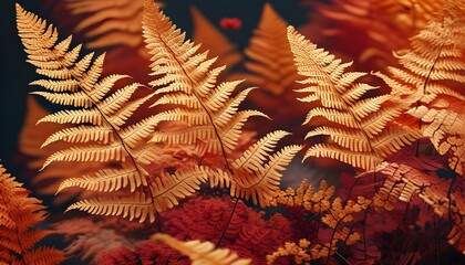 Carmine Textured Background with Artistic Filigree and Vibrant Red Ferns