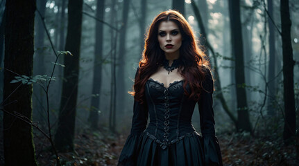 Fototapeta premium Mysterious Gothic Woman in Dark Forest with Moody Atmosphere