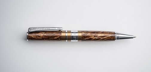 Elegant Marbled Brown Pen on Minimalist White Surface - Sophisticated Writing Instrument for Luxury Branding and Professional Marketing