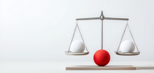 Elegant Silver Balance Scale with Eggs and Red Ball on Wooden Base - Minimalist Concept of Contrast and Comparison in Red and White Tones