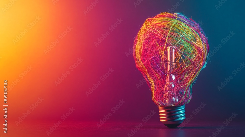 Poster an abstract light bulb made of colorful threads, symbolizing creativity and the birth of new ideas, 