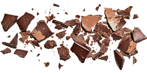 Broken chocolate pieces on transparent cutout background, PNG file. Mockup clipart template for artwork design