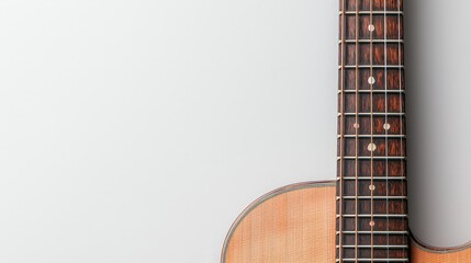 Obraz premium Elegant Wooden Acoustic Guitar Closeup on Minimalist White Background - Earthy Tones, Craftsmanship, Musical Inspiration