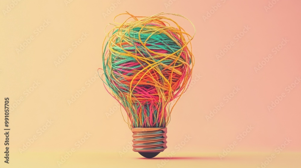 Poster an abstract light bulb made of colorful threads, symbolizing creativity and the birth of new ideas, 