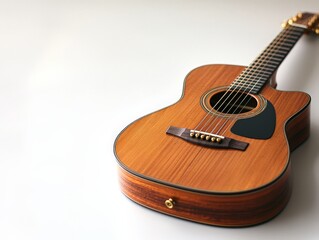 Elegant Woodgrain Acoustic Guitar in Serene White Space - Musical Inspiration Closeup for Music Lover, Guitarist, Musician