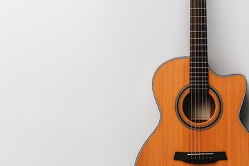 Obraz premium Exquisite Wooden Acoustic Guitar Close-up on White, Serene Music Concept for Marketing and Product Promotion