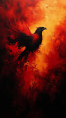 Fiery Phoenix Rising from Flames with Dramatic Red & Orange Background