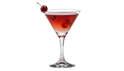 A red cocktail in a martini glass, garnished with a maraschino cherry png backgroun