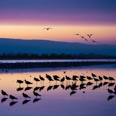 A flock of birds soars across the sky at twilight, their dark silhouettes standing out against the deepening shades of blue and purple.