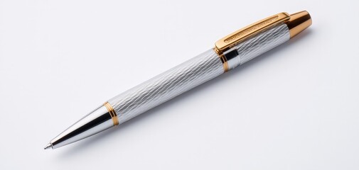 Naklejka premium Luxurious Silver and Gold Pen on White Surface - Elegant Metallic Writing Instrument for Branding and Promotion