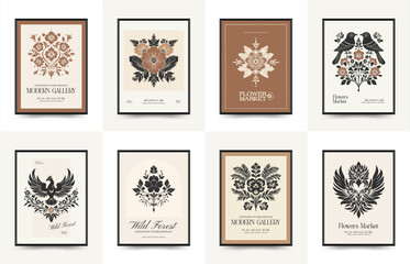 Abstract linocut floral posters template. Modern trendy minimal style. Black and white colors. Magic, mystical. Hand drawn design for wallpaper, wall decor, print, postcard, cover, template, banner.