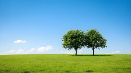 Obraz premium Two lush trees under a clear blue sky on a green hillside.
