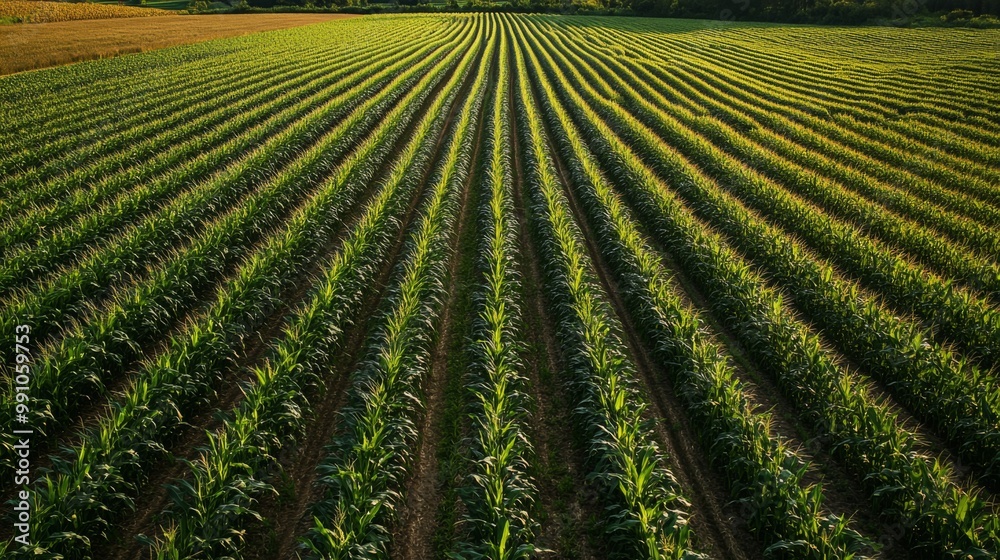 Aufkleber an aerial view of neatly arranged corn rows stretching to the horizon, with contrasting green and br