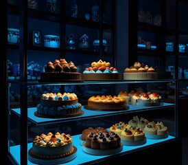 a display case filled with lots of different types of cakes and pastries in a dark room with blue lighting. generative ai ai gegerate

