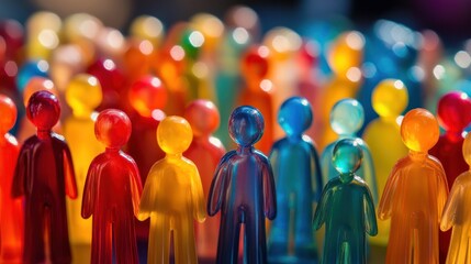 Colorful plastic figures stand in a row with a blurry background.