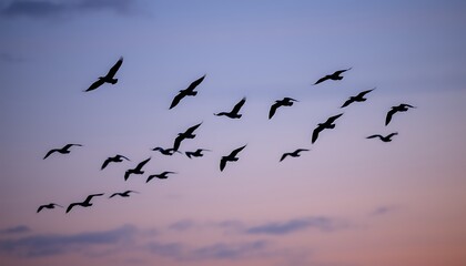 A flock of birds soars across the sky at twilight, their dark silhouettes standing out against the deepening shades of blue and purple.