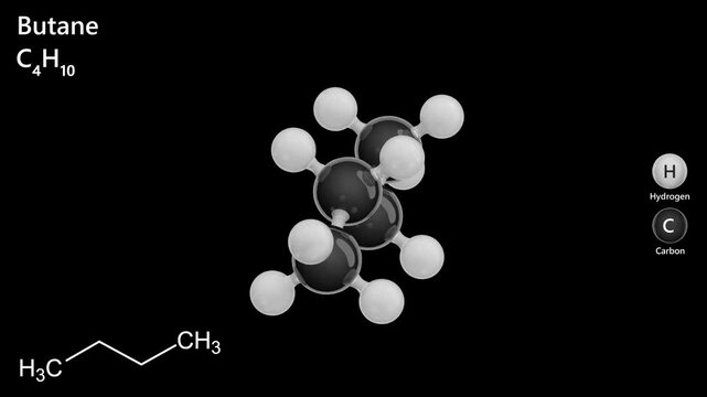 Butane (C4H10) is a colorless gas with a faint petroleum-like odor. It has various applications such as being used as a fuel, an aerosol propellant and to make other chemicals. Black back. 3D render