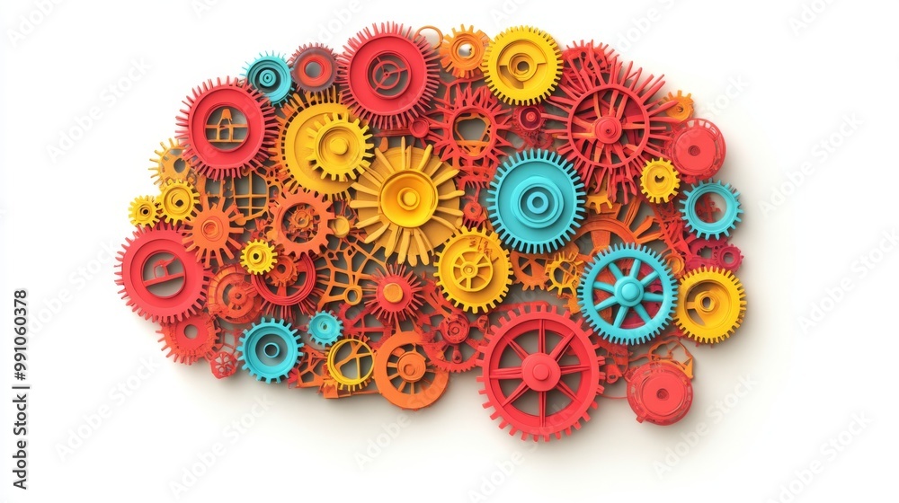 Aufkleber An artistic representation of a brain made up of colorful gears and circuits, symbolizing creativity and the connection between technology and thought processes.